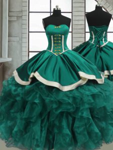 Turquoise Ball Gowns Organza Sweetheart Sleeveless Beading and Ruffles Floor Length Lace Up 15th Birthday Dress