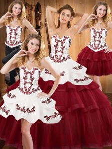 Flare Strapless Sleeveless Satin and Organza Ball Gown Prom Dress Embroidery and Ruffled Layers Lace Up