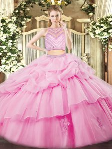 Fine Floor Length Zipper Quinceanera Dress Rose Pink for Military Ball and Sweet 16 and Quinceanera with Beading and Ruffles