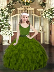 Inexpensive Sleeveless Organza Floor Length Zipper Little Girl Pageant Dress in Olive Green with Beading and Ruffles