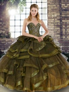 Elegant Tulle Sweetheart Sleeveless Lace Up Beading and Ruffles Ball Gown Prom Dress in Olive Green