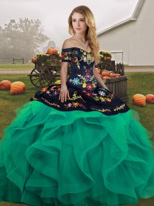 Nice Turquoise Tulle Lace Up Off The Shoulder Sleeveless Floor Length Ball Gown Prom Dress Embroidery and Ruffles