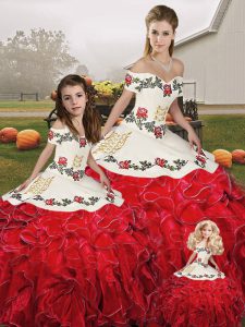 White And Red 15th Birthday Dress Military Ball and Sweet 16 and Quinceanera with Embroidery and Ruffles Off The Shoulder Sleeveless Lace Up