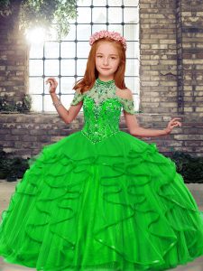 Tulle Lace Up High-neck Sleeveless Floor Length Little Girls Pageant Dress Beading and Ruffles