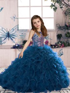 Scoop Sleeveless Lace Up Little Girl Pageant Gowns Navy Blue Organza