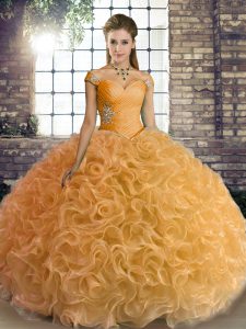 Fancy Gold Sleeveless Fabric With Rolling Flowers Lace Up 15 Quinceanera Dress for Military Ball and Sweet 16 and Quinceanera