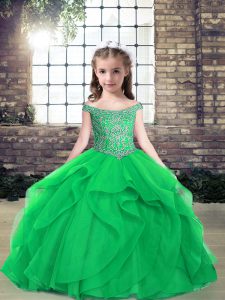 Dramatic Green Off The Shoulder Lace Up Beading Kids Formal Wear Sleeveless