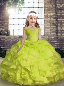 Yellow Green Lace Up Spaghetti Straps Beading and Ruffles and Ruching Kids Pageant Dress Organza Sleeveless