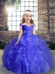 Gorgeous Sleeveless Organza Floor Length Lace Up Kids Formal Wear in Blue with Beading and Ruffles and Ruching
