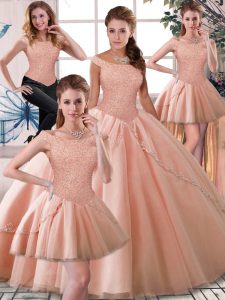 Custom Fit Peach Tulle Lace Up Off The Shoulder Sleeveless Sweet 16 Quinceanera Dress Brush Train Beading