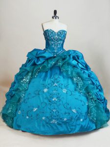 Baby Blue Ball Gowns Beading and Embroidery and Pick Ups Quince Ball Gowns Lace Up Taffeta Sleeveless Floor Length