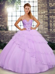 Lilac Tulle Lace Up Sweetheart Sleeveless Quince Ball Gowns Brush Train Beading and Ruffled Layers
