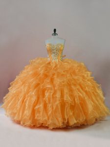 Charming Sleeveless Organza Floor Length Lace Up 15 Quinceanera Dress in Orange with Beading and Ruffles