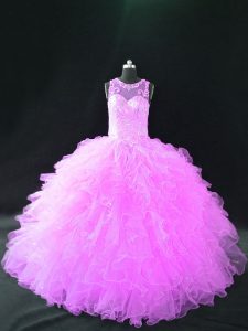 Elegant Lilac Sleeveless Floor Length Beading and Ruffles Lace Up Sweet 16 Dress