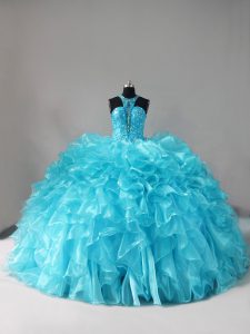 Exquisite Sleeveless Beading and Ruffles Lace Up Sweet 16 Dresses with Aqua Blue Brush Train