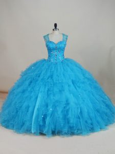 Fancy Baby Blue Ball Gowns Beading and Ruffles Quinceanera Gown Zipper Tulle Sleeveless Floor Length