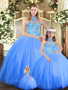 Embroidery 15th Birthday Dress Blue Lace Up Sleeveless Floor Length
