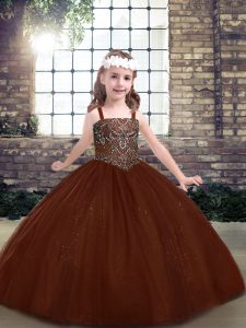 Brown Child Pageant Dress Party and Military Ball and Wedding Party with Beading Straps Sleeveless Lace Up