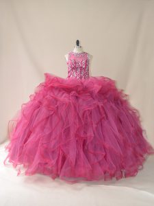 Captivating Sleeveless Tulle Brush Train Lace Up Quinceanera Dress in Burgundy with Beading and Ruffles