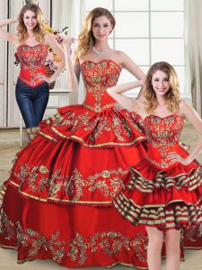 Custom Fit Red Satin and Organza Lace Up Quinceanera Gowns Sleeveless Floor Length Embroidery and Ruffled Layers