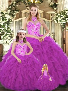 Halter Top Sleeveless 15th Birthday Dress Floor Length Embroidery and Ruffles Fuchsia Tulle