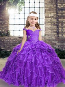 Purple Ball Gowns Organza Straps Sleeveless Beading and Ruffles Floor Length Lace Up Kids Pageant Dress