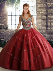 Extravagant Wine Red Ball Gowns Straps Sleeveless Tulle Floor Length Lace Up Beading and Appliques Quinceanera Gown