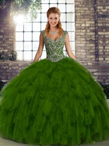 Beading and Ruffles Quinceanera Dress Olive Green Lace Up Sleeveless Floor Length