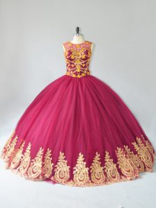 Spectacular Burgundy Tulle Lace Up Scoop Sleeveless Floor Length Sweet 16 Dress Appliques