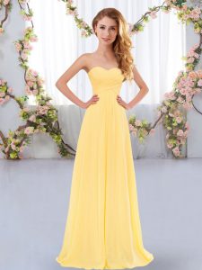 Exquisite Sleeveless Floor Length Ruching Lace Up Dama Dress with Gold