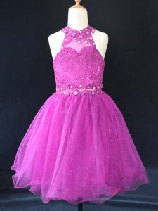 Sleeveless Lace Up Mini Length Beading and Lace Little Girl Pageant Dress
