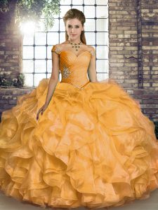 Designer Gold Lace Up Off The Shoulder Beading and Ruffles Sweet 16 Dress Organza Sleeveless