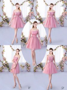 Spectacular Mini Length Pink Dama Dress for Quinceanera V-neck Half Sleeves Lace Up