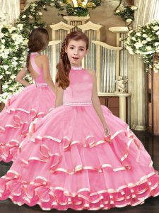 Beauteous Pink Ball Gowns Organza Halter Top Sleeveless Beading and Ruffled Layers Floor Length Backless Little Girls Pageant Dress