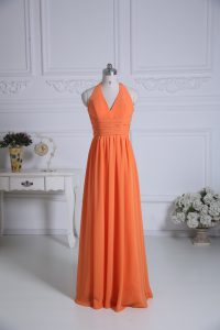 Orange Empire Chiffon Halter Top Sleeveless Ruching Floor Length Zipper Dama Dress for Quinceanera