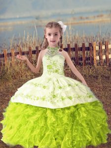 Organza Halter Top Sleeveless Lace Up Beading and Embroidery and Ruffles Little Girl Pageant Dress in Yellow Green