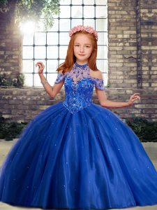 Beautiful High-neck Sleeveless Lace Up Beading and Ruffles Kids Formal Wear in Royal Blue