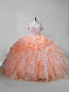 Hot Selling Sleeveless Organza Brush Train Lace Up 15th Birthday Dress in Orange with Beading and Ruffles and Pick Ups