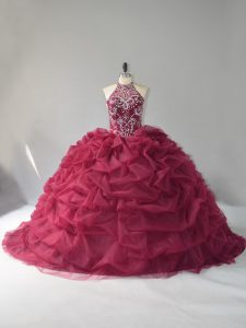 Burgundy Ball Gowns Organza Halter Top Sleeveless Beading and Pick Ups Lace Up Quinceanera Gown Court Train