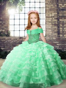 Glorious Apple Green Lace Up Little Girls Pageant Dress Wholesale Beading and Ruffled Layers Sleeveless Floor Length