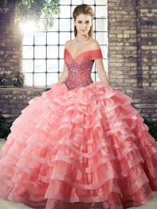 Artistic Watermelon Red Organza Lace Up Quinceanera Dresses Sleeveless Brush Train Beading and Ruffled Layers