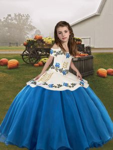 Floor Length Lace Up Girls Pageant Dresses Blue and In with Embroidery
