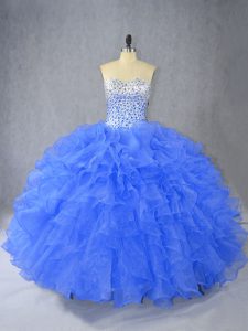 Custom Made Blue Lace Up Sweetheart Beading and Ruffles 15th Birthday Dress Organza Sleeveless