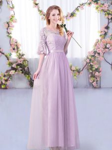 Best Lavender Tulle Side Zipper Court Dresses for Sweet 16 Half Sleeves Floor Length Lace and Belt