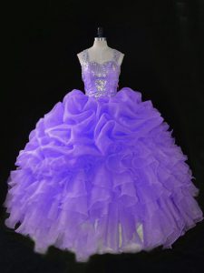 Shining Beading and Ruffles and Pick Ups Sweet 16 Quinceanera Dress Lavender Zipper Sleeveless Floor Length