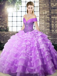 Organza Off The Shoulder Sleeveless Brush Train Lace Up Beading and Ruffled Layers Quinceanera Gown in Lavender