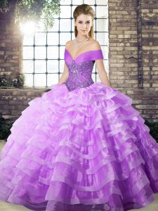 Organza Off The Shoulder Sleeveless Brush Train Lace Up Beading and Ruffled Layers Quinceanera Gown in Lavender
