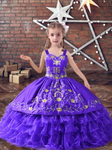 Lavender Lace Up Little Girl Pageant Dress Embroidery and Ruffled Layers Sleeveless Floor Length