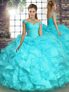 On Sale Off The Shoulder Sleeveless Ball Gown Prom Dress Floor Length Beading and Ruffles Aqua Blue Organza