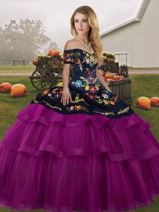 Brush Train Ball Gowns Quinceanera Gowns Fuchsia Off The Shoulder Tulle Sleeveless Lace Up